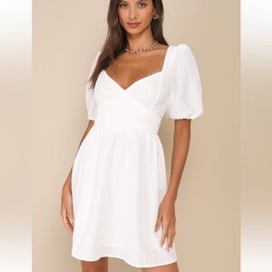 Lulus Elegant White Puff-Sleeve Midi Dress